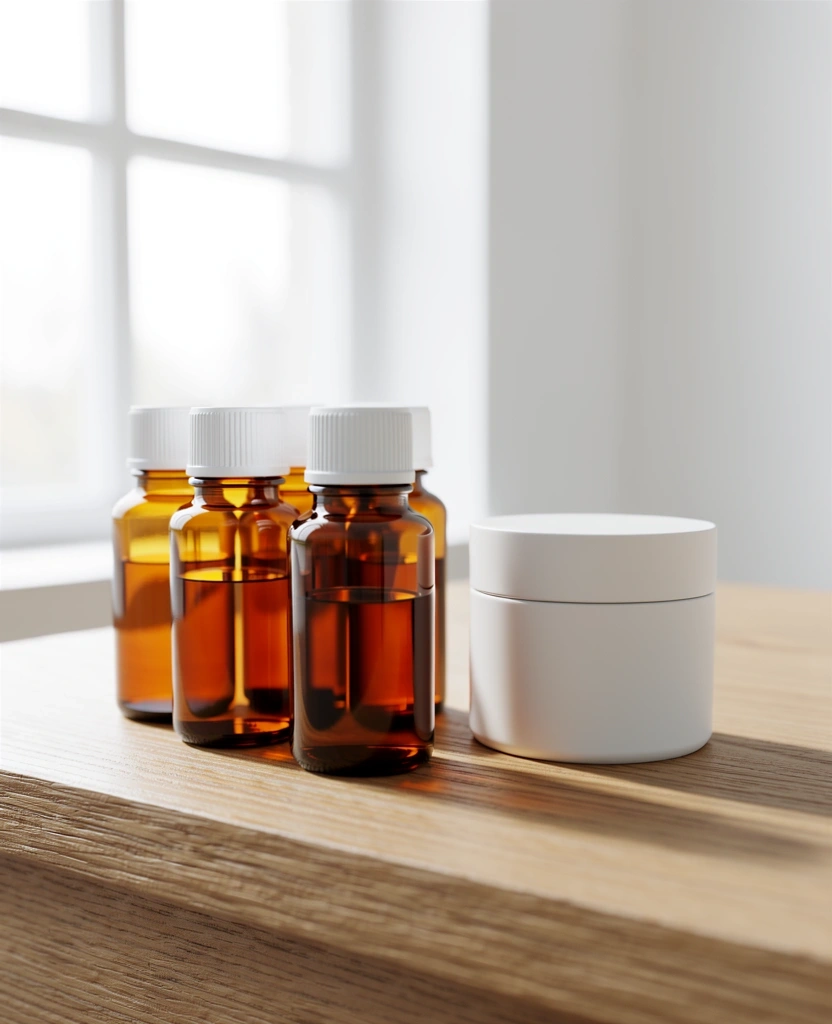 Curated wellness products on a wooden surface